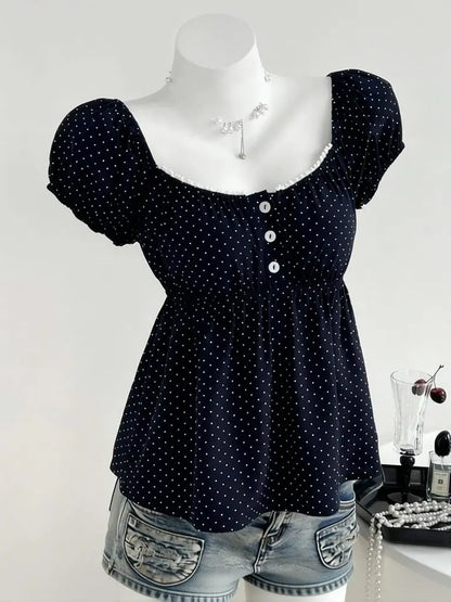 Vintage Polka Dot Babydoll Blouse Women's Puff Short Sleeve Chiffon Square Neck Korean Style Summer Top Navy Blue