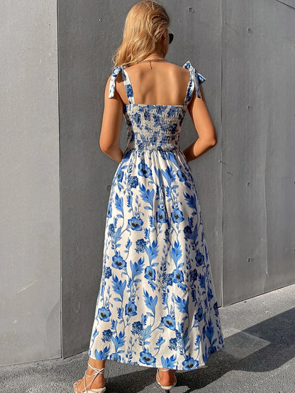 Floral Lace Corset Bodycon Dress Women's Knotted Straps Smocked Waist Party Wedding Guest Summer Blue Polyester