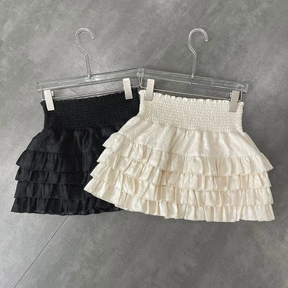 Playful High Waist Ruffle Mini Skirt Women's A-Line Lace Broadcloth, Cute Summer Streetwear, Black, Lightweight Fit