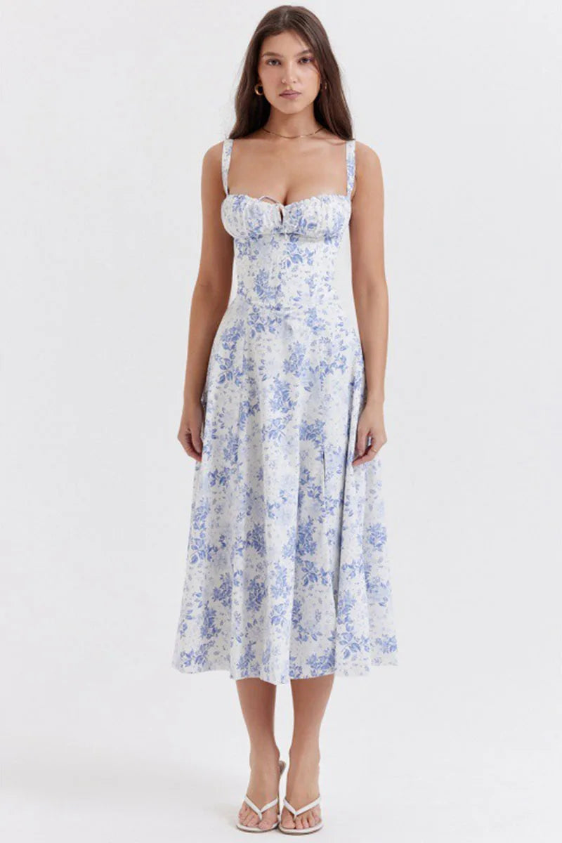 Elegant Floral Halter Camisole Dress Women's Summer Occasionwear Lightweight Natural Fiber Polyester White Multi Deep Blue