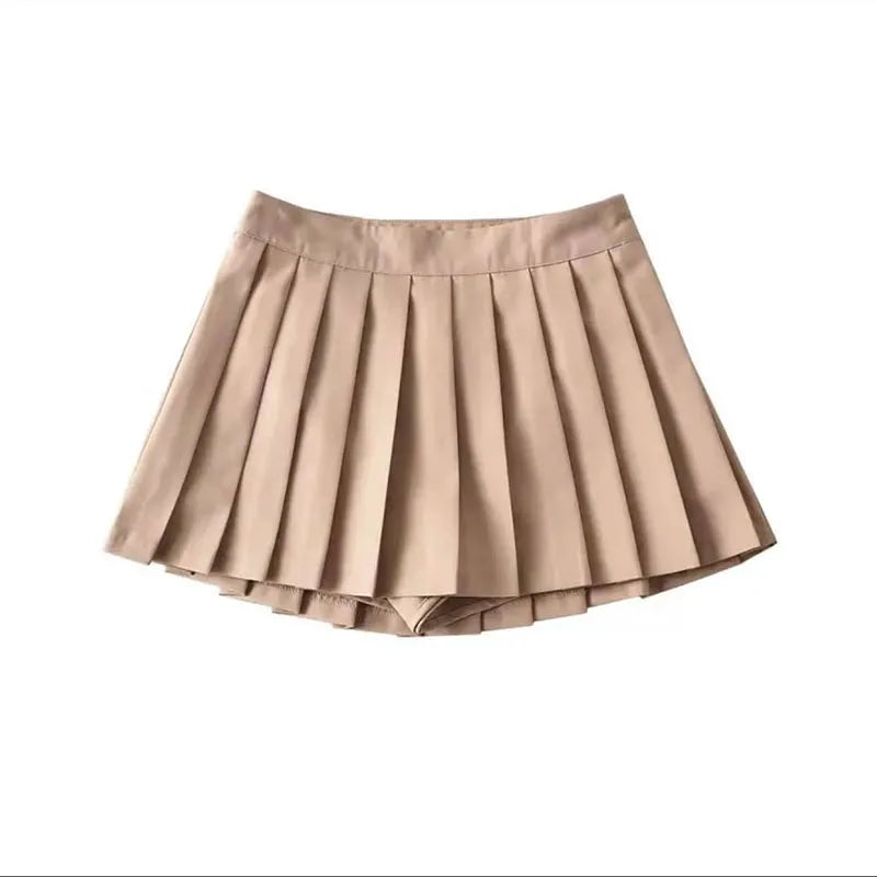 Vintage Pleated Mini Skirt Women's High Waist Broadcloth Casual Tennis Style Summer Empire Waist Apricot Black Gray White