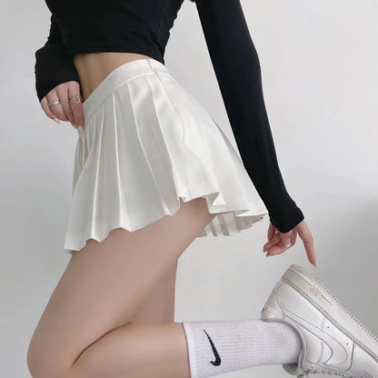 Vintage Pleated Mini Skirt Women's High Waist Broadcloth Casual Tennis Style Summer Empire Waist Apricot Black Gray White
