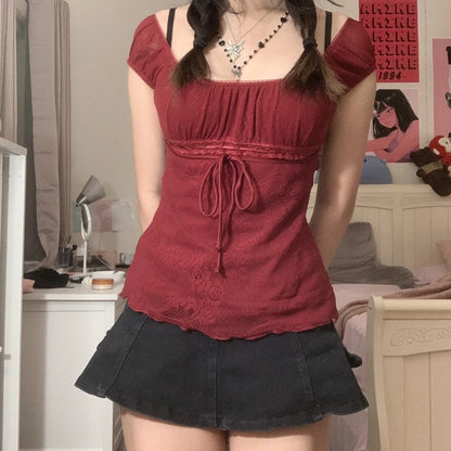 Vintage Y2K Square Collar Crop Top for Women, Bow Detail, Short Puff Sleeve Fairycore Summer Tee, Regular Fit, Black Red White
