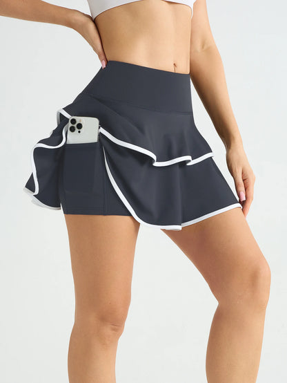Sporty Pleated Tennis Skort Women’s High Waist Activewear Athleisure Quick Dry With Inner Pockets Golf Running Summer Color Block Knit Black