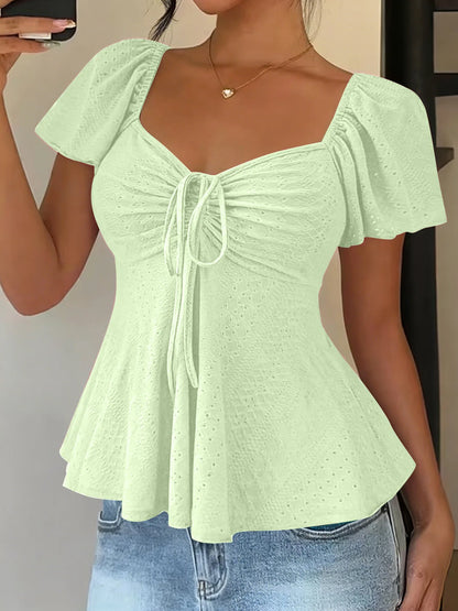 Elegant V Neck Lace Up Drawstring Blouse Women's Casual Short Sleeve Top Loose Fit Pullover Summer Workwear Lightweight Knit Yellow White Black