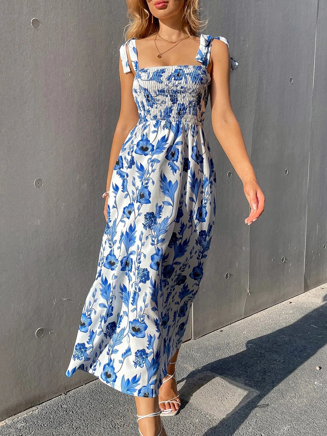 Floral Lace Corset Bodycon Dress Women's Knotted Straps Smocked Waist Party Wedding Guest Summer Blue Polyester