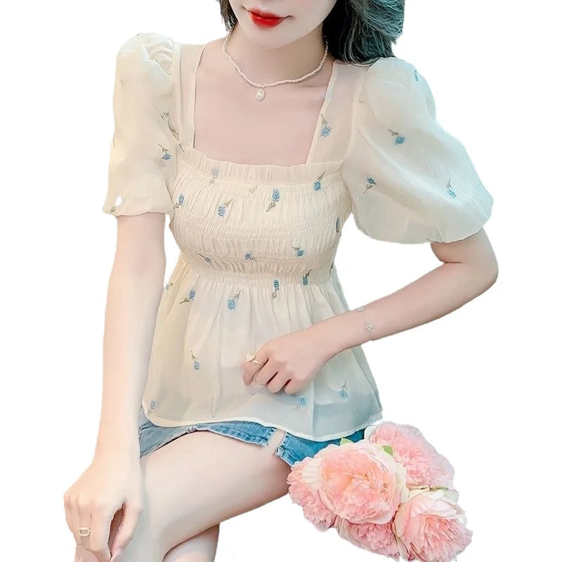 French Style Floral Chiffon Top Women's Puff Sleeve Square Neck Slim Fit Summer Blouse Lightweight Flower Print Red Blue