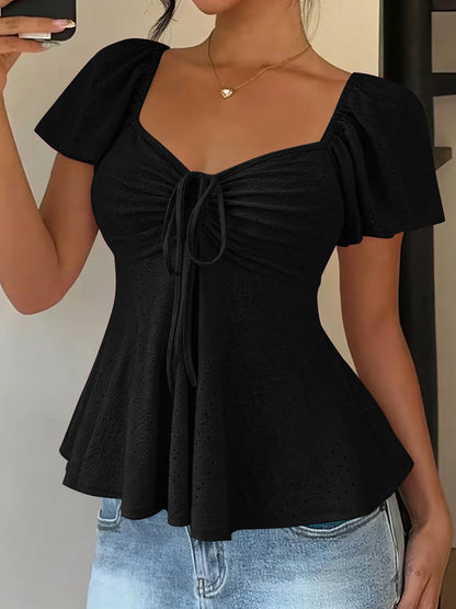 Elegant V Neck Lace Up Drawstring Blouse Women's Casual Short Sleeve Top Loose Fit Pullover Summer Workwear Lightweight Knit Yellow White Black