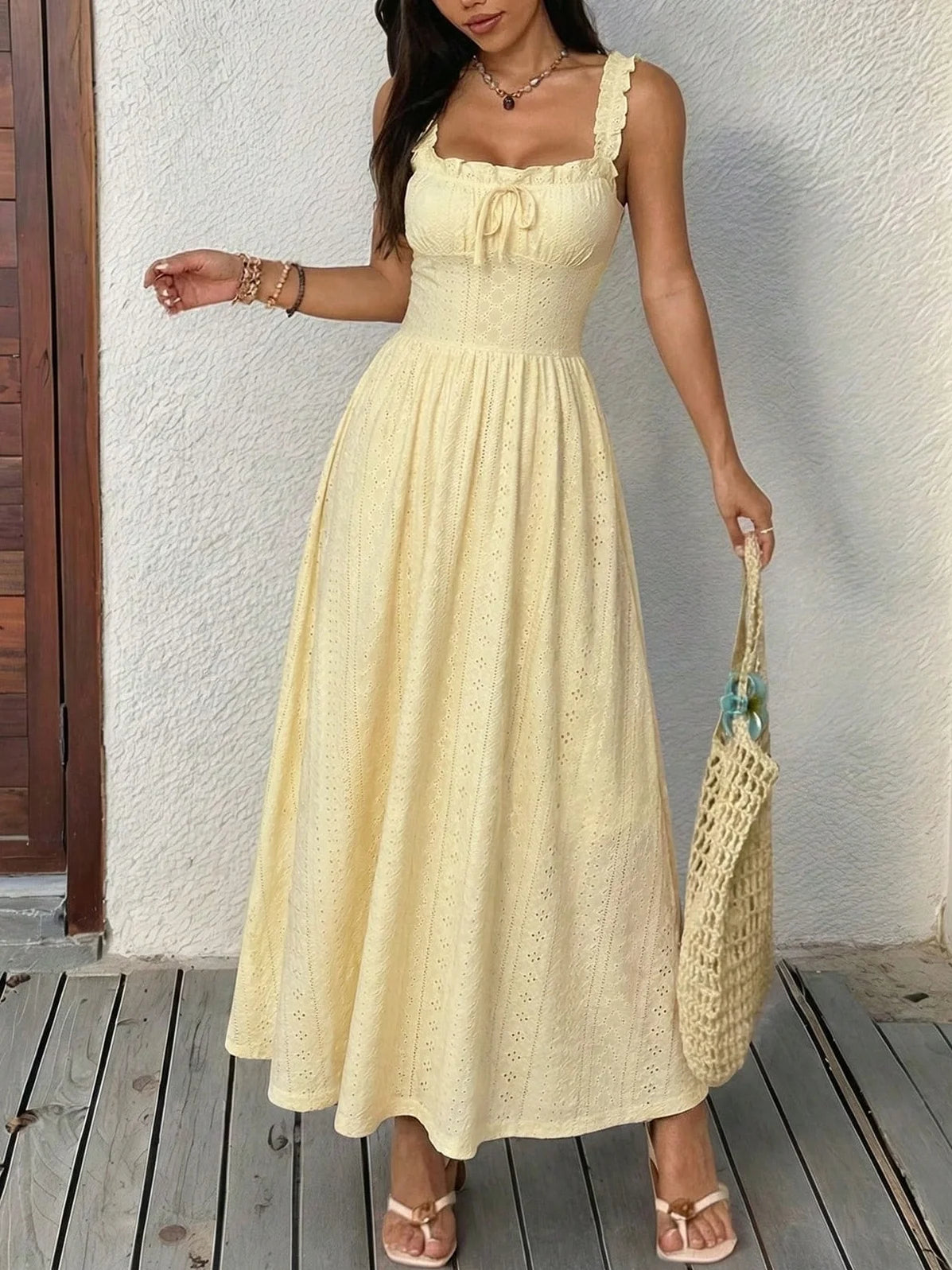 Summer Knit Maxi Dress Women's Casual Sleeveless Spaghetti Strap Pullover Beachwear Lightweight Yellow Polyester Warm Weather