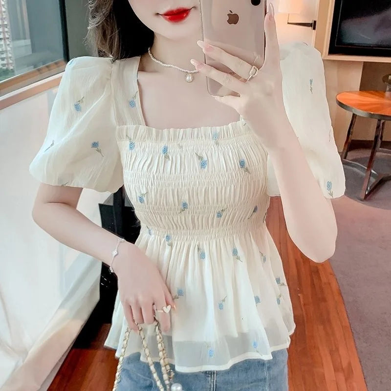 French Style Floral Chiffon Top Women's Puff Sleeve Square Neck Slim Fit Summer Blouse Lightweight Flower Print Red Blue
