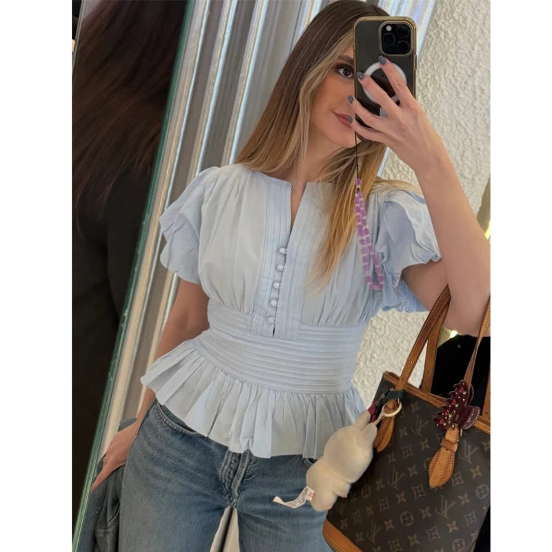 Ruffle Puff Sleeve Blouse Women's Slim Fit Cropped Single Breasted Casual Summer Top Lightweight Sky Blue