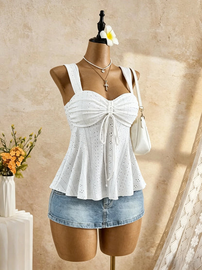White Eyelet Lace Ruched Cami Top Women's Sleeveless Peplum Tie Front Casual Summer Knit White