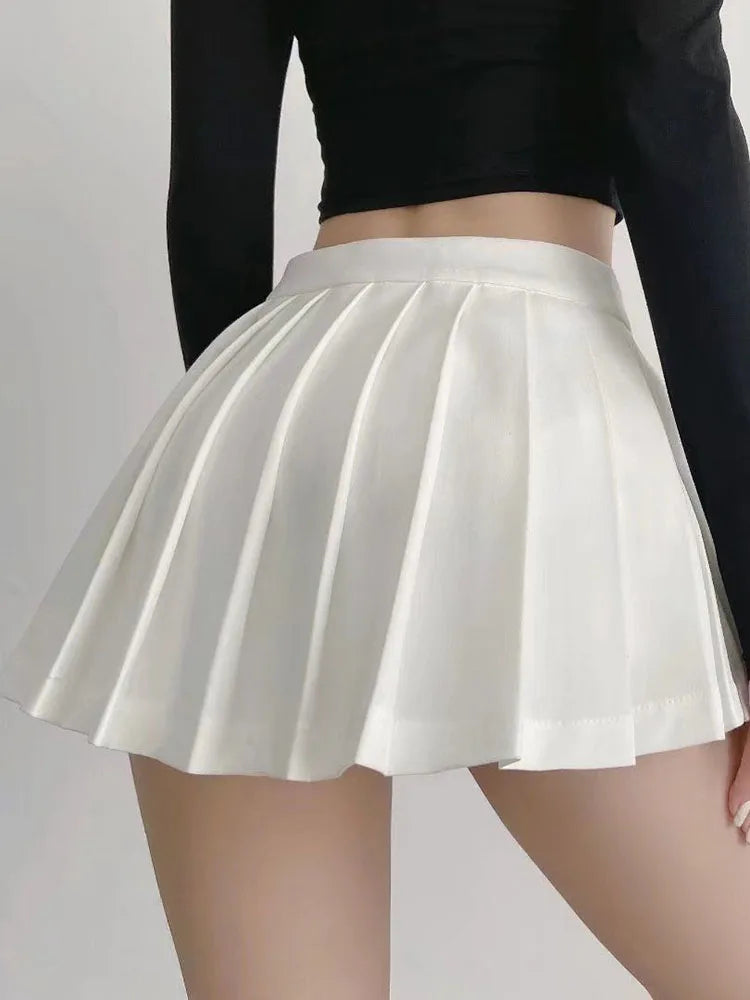 Vintage Pleated Mini Skirt Women's High Waist Broadcloth Casual Tennis Style Summer Empire Waist Apricot Black Gray White