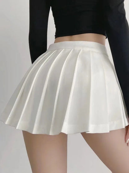 Vintage Pleated Mini Skirt Women's High Waist Broadcloth Casual Tennis Style Summer Empire Waist Apricot Black Gray White