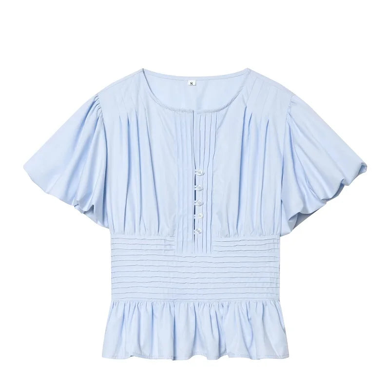 Ruffle Puff Sleeve Blouse Women's Slim Fit Cropped Single Breasted Casual Summer Top Lightweight Sky Blue