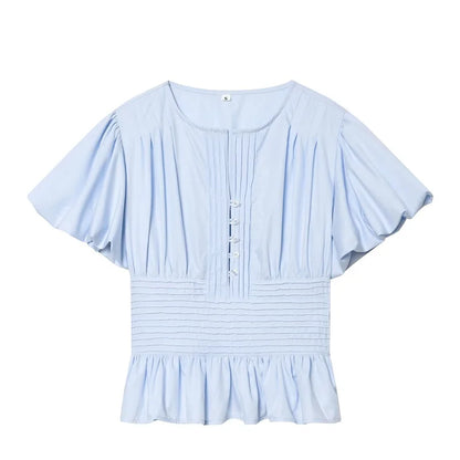 Ruffle Puff Sleeve Blouse Women's Slim Fit Cropped Single Breasted Casual Summer Top Lightweight Sky Blue