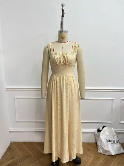 Summer Knit Maxi Dress Women's Casual Sleeveless Spaghetti Strap Pullover Beachwear Lightweight Yellow Polyester Warm Weather