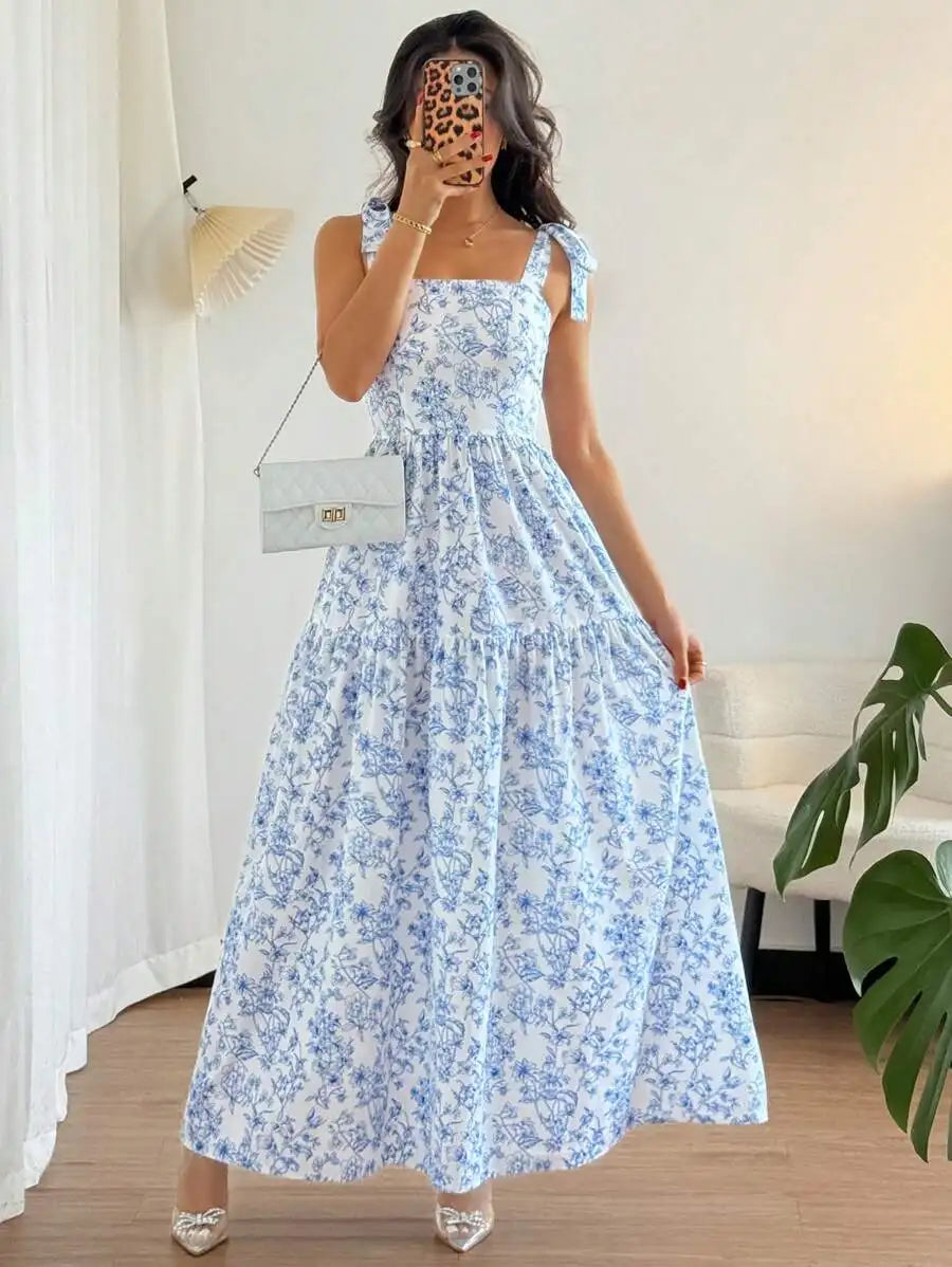 Elegant Floral Print Maxi Dress Women’s Ruffled Pleated Sleeveless V-Neck Summer Gown Garden Party Wedding Guest Sky Blue Polyester