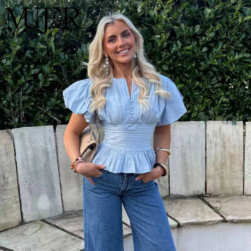 Ruffle Puff Sleeve Blouse Women's Slim Fit Cropped Single Breasted Casual Summer Top Lightweight Sky Blue