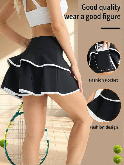 Sporty Pleated Tennis Skort Women’s High Waist Activewear Athleisure Quick Dry With Inner Pockets Golf Running Summer Color Block Knit Black