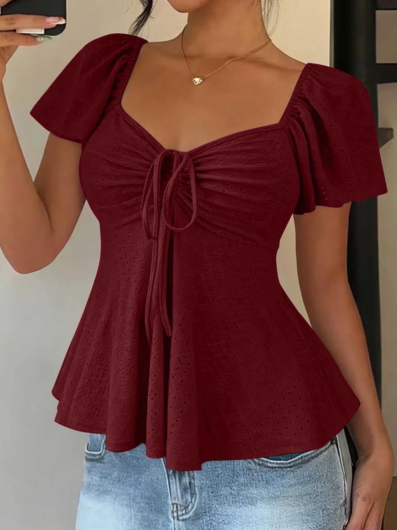 Elegant V Neck Lace Up Drawstring Blouse Women's Casual Short Sleeve Top Loose Fit Pullover Summer Workwear Lightweight Knit Yellow White Black