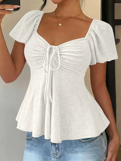 Elegant V Neck Lace Up Drawstring Blouse Women's Casual Short Sleeve Top Loose Fit Pullover Summer Workwear Lightweight Knit Yellow White Black