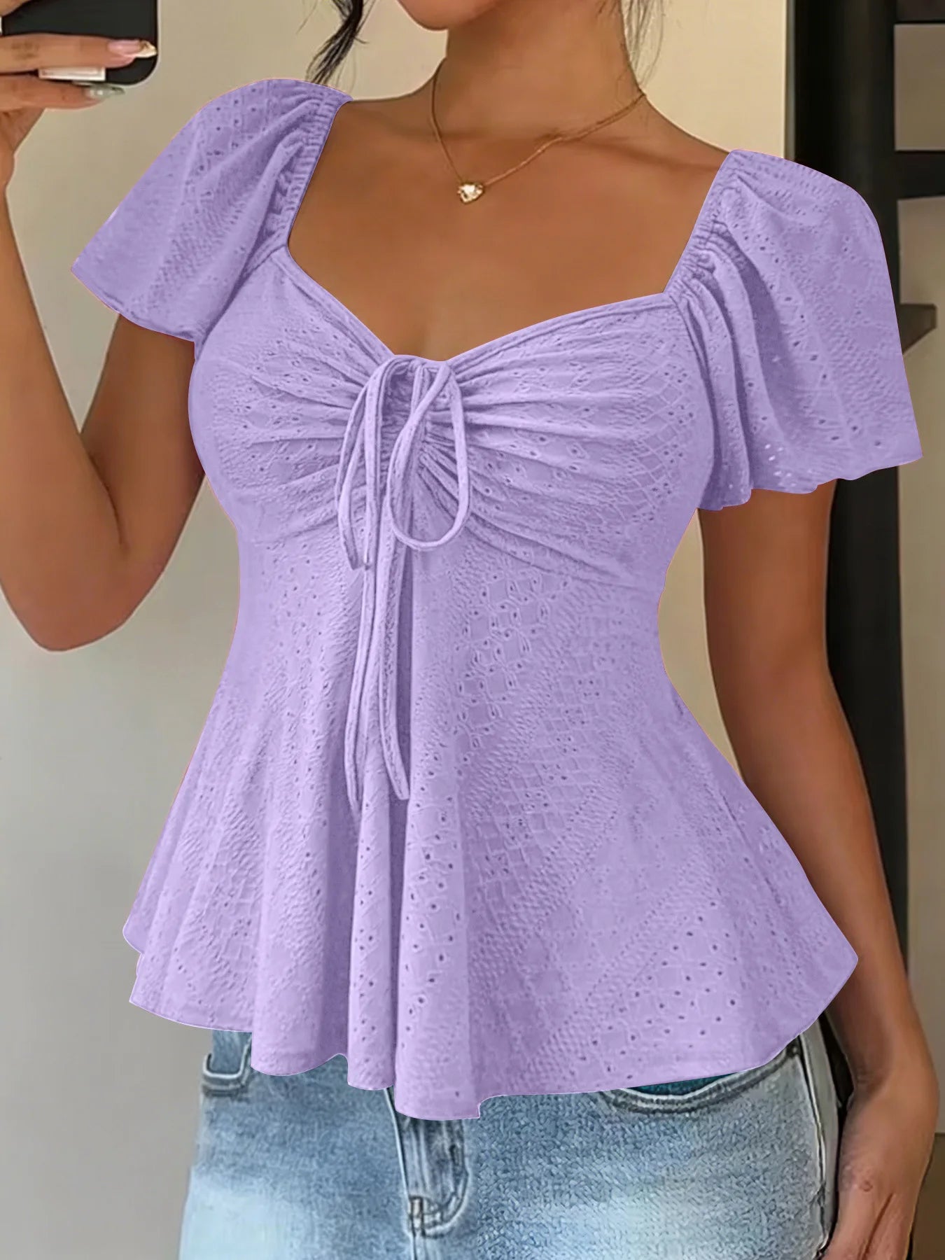 Elegant V Neck Lace Up Drawstring Blouse Women's Casual Short Sleeve Top Loose Fit Pullover Summer Workwear Lightweight Knit Yellow White Black