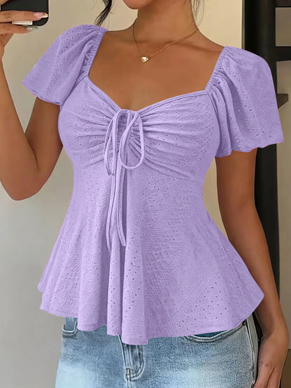 Elegant V Neck Lace Up Drawstring Blouse Women's Casual Short Sleeve Top Loose Fit Pullover Summer Workwear Lightweight Knit Yellow White Black