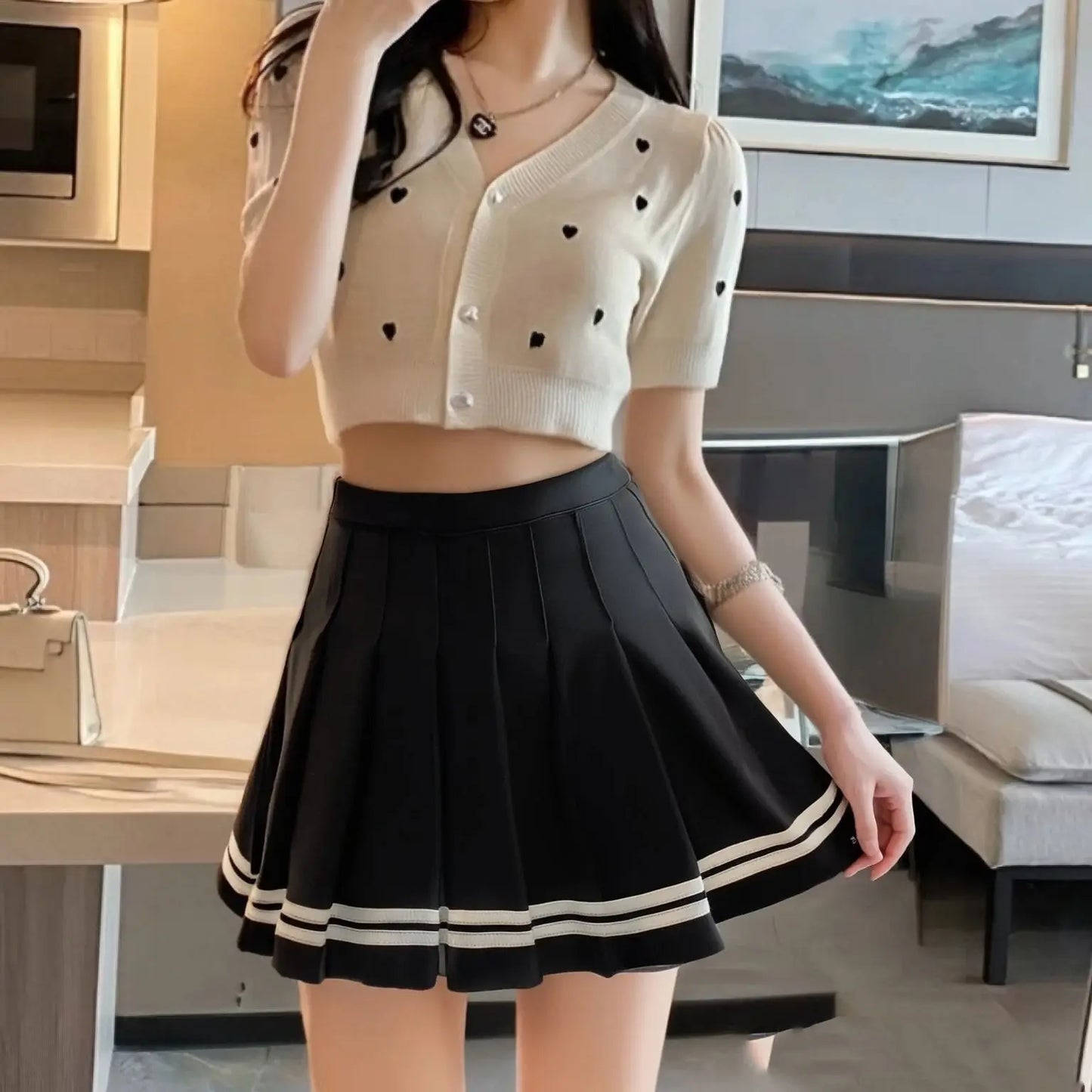 Preppy Pleated Mini Skirt Women’s High Waist A-Line Broadcloth Everyday Street Style, Spring Summer Blue Black Red White