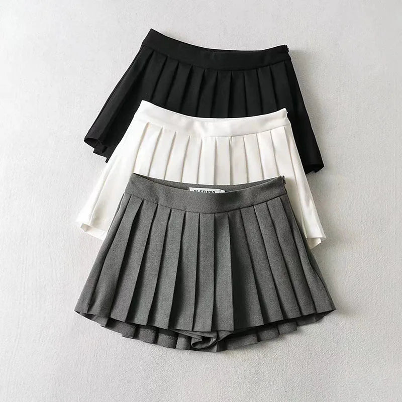 Vintage Pleated Mini Skirt Women's High Waist Broadcloth Casual Tennis Style Summer Empire Waist Apricot Black Gray White