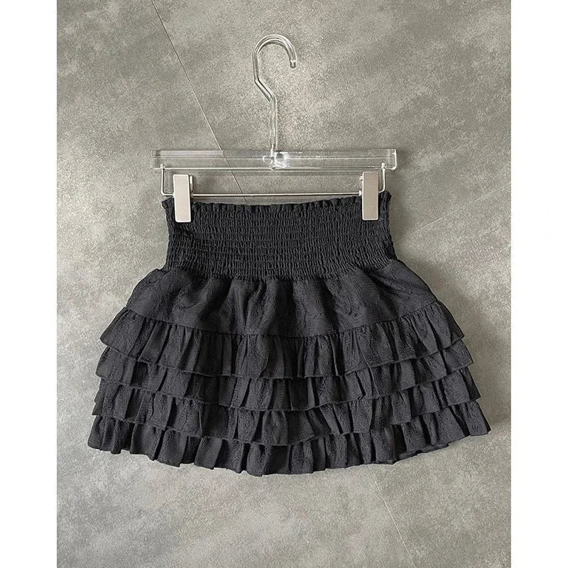 Playful High Waist Ruffle Mini Skirt Women's A-Line Lace Broadcloth, Cute Summer Streetwear, Black, Lightweight Fit