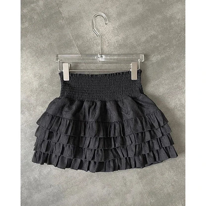 Playful High Waist Ruffle Mini Skirt Women's A-Line Lace Broadcloth, Cute Summer Streetwear, Black, Lightweight Fit