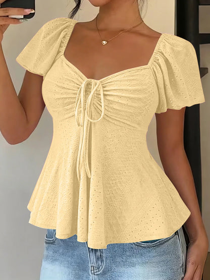 Elegant V Neck Lace Up Drawstring Blouse Women's Casual Short Sleeve Top Loose Fit Pullover Summer Workwear Lightweight Knit Yellow White Black
