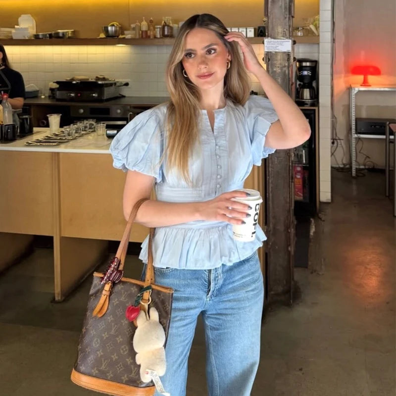 Ruffle Puff Sleeve Blouse Women's Slim Fit Cropped Single Breasted Casual Summer Top Lightweight Sky Blue