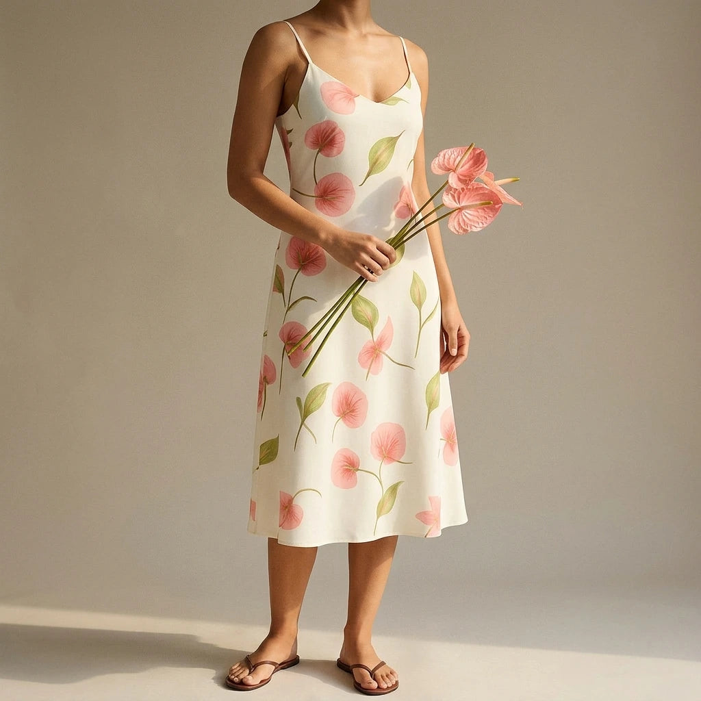White Floral Slip Midi Dress for Women Sleeveless Sheath A-Line Natural Waist Beach Vacation Brunch Summer Wedding Poly No Stretch White — lifestyle