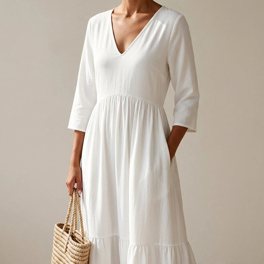 White Solid V-Neck Long Dress, Three-Quarter Sleeve Pullover, Elegant Polyester, Summer — lifestyle