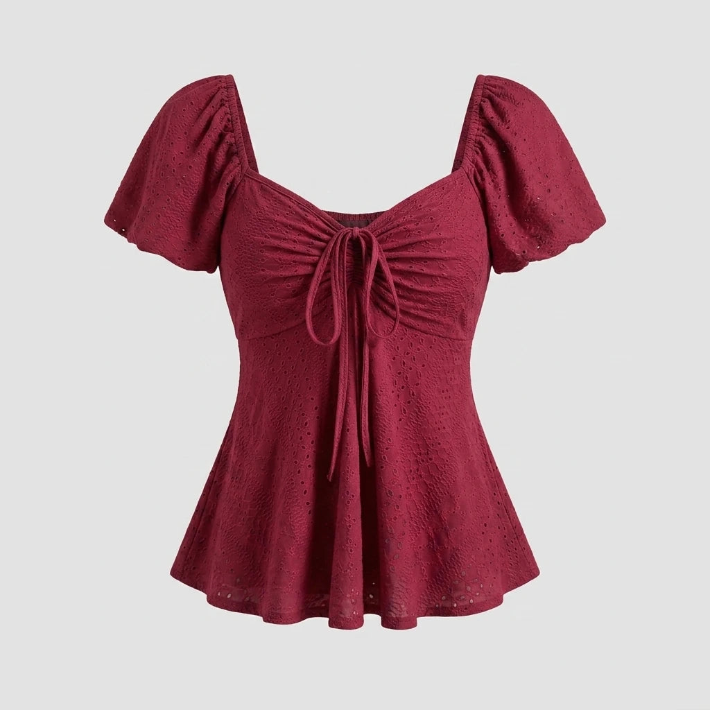 2026 Women Y2k Summer Tops V-Neck Drawstring Sexy Lace Up Short Sleeve Solid Color Shirts Female Elegant Casual Fashion Blouses — variant_front