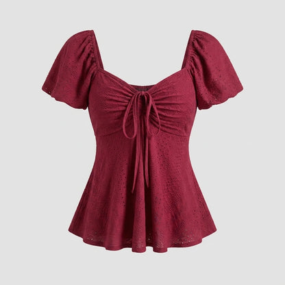 2026 Women Y2k Summer Tops V-Neck Drawstring Sexy Lace Up Short Sleeve Solid Color Shirts Female Elegant Casual Fashion Blouses — variant_front