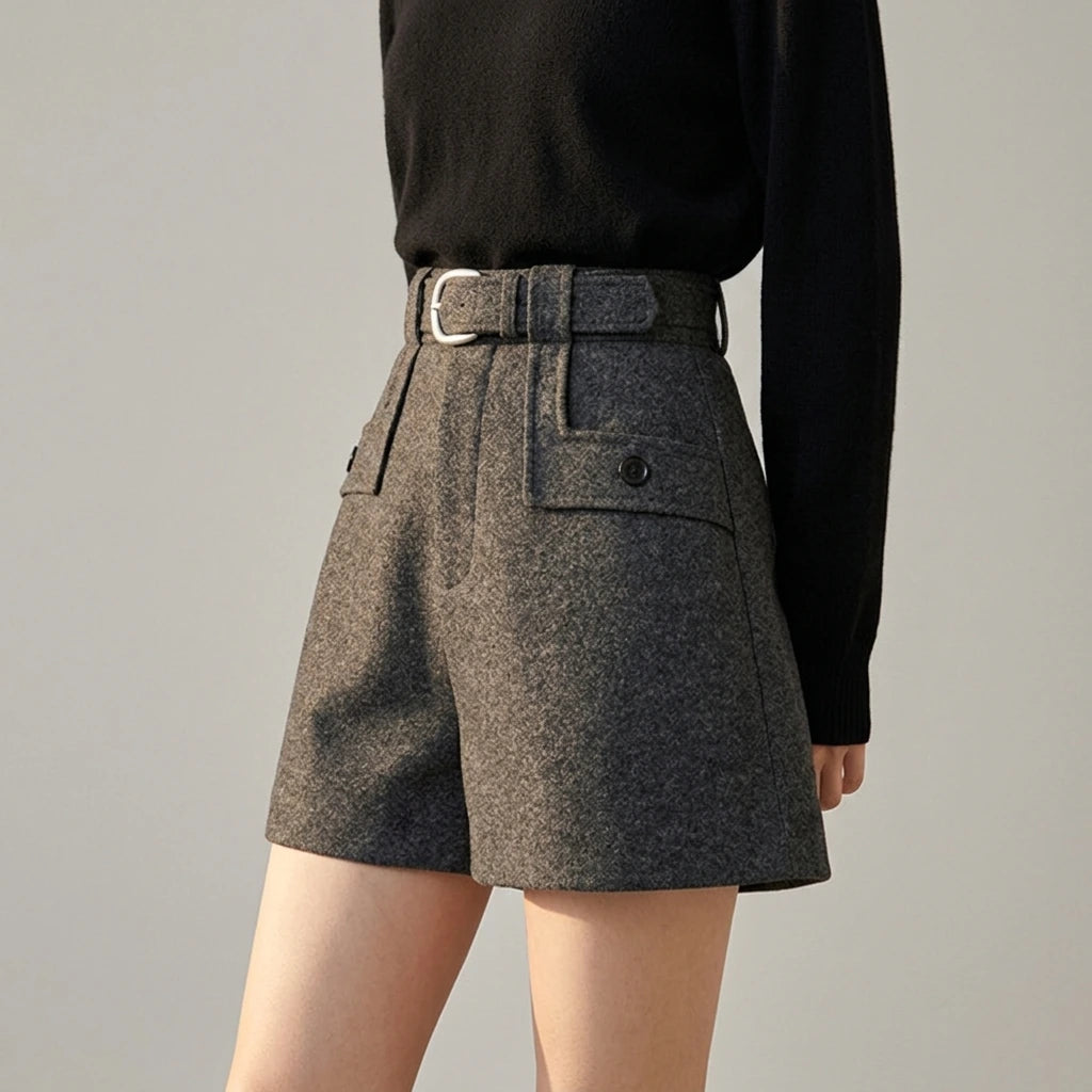 Solid Color Casual Shorts for Women High Waist Woolen — variant_front