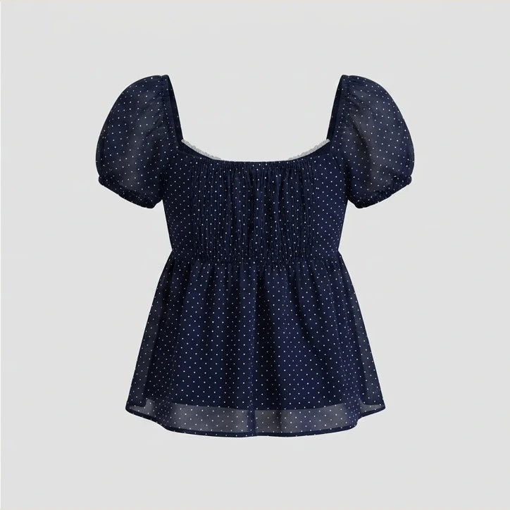 Polka Dot Babydoll Top Women Summer Sweet Korean Puff Short Sleeve Chiffon Blouse Square Neck Summer Vintage Youthful T-shirt — product_only_back