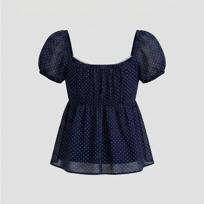 Polka Dot Babydoll Top Women Summer Sweet Korean Puff Short Sleeve Chiffon Blouse Square Neck Summer Vintage Youthful T-shirt — product_only_back