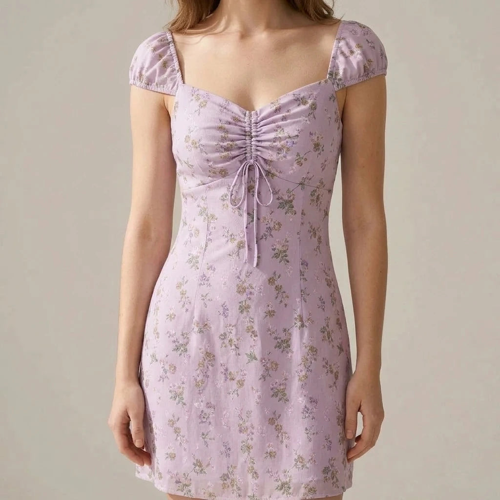Elegant Ruched Floral Skater Mini Dress Women’s A-Line Sweetheart Neck Short Sleeve Daily Brunch Summer Purple Polyester — lifestyle
