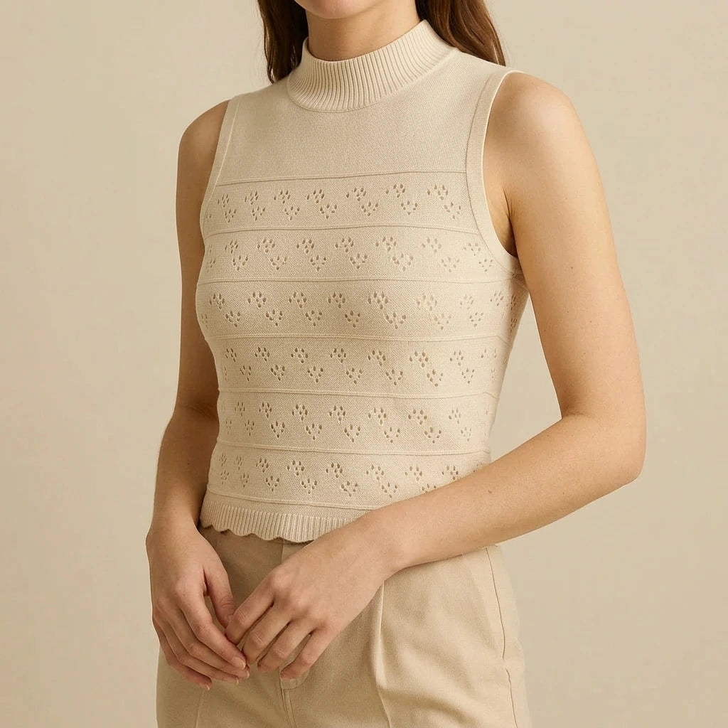 Chic Cut Out Sleeveless Tank Top for Women Casual Daily Wear Hip Length High Stretch Textured Solid Apricot Polyester Summer — lifestyle_lead