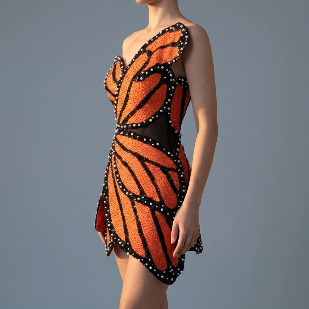 Fashionable irregular patchwork, elegant beaded tight mini dress, party top — lifestyle