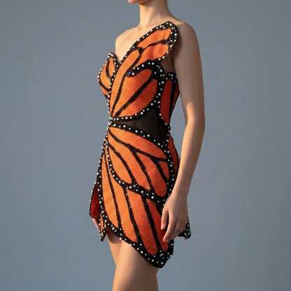 Fashionable irregular patchwork, elegant beaded tight mini dress, party top — lifestyle