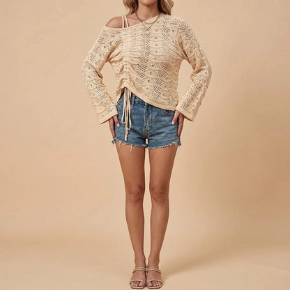 Maomao Rain Spring/Summer New Sweater Women's Solid Color Hollow Drawstring T-Shirt Top — lifestyle_lead