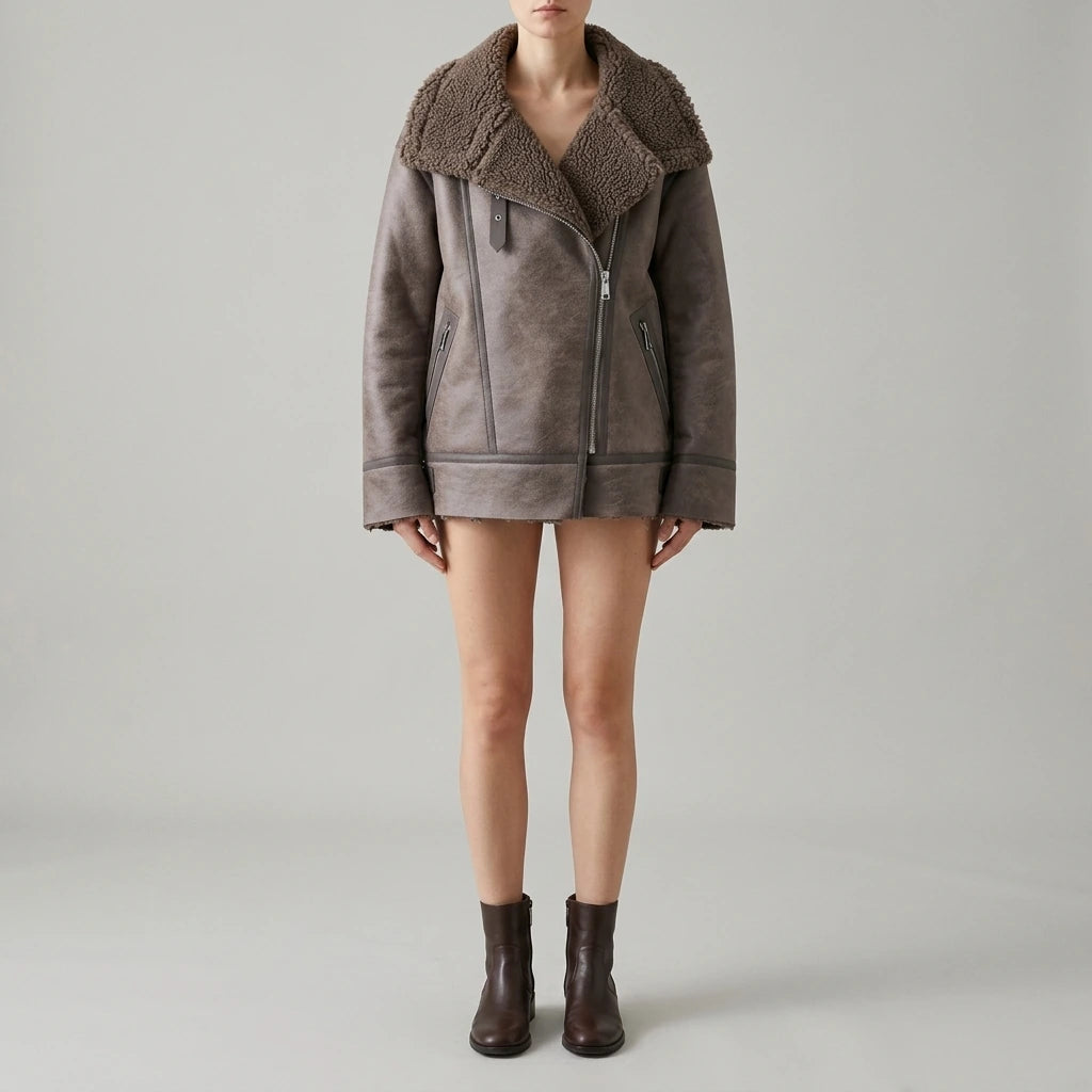 Women's Faux Shearling Long Sleeve Stand-Up Collar Reversible Jacket Coat — lifestyle
