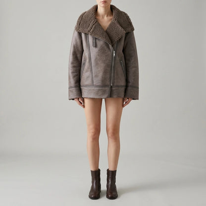 Women's Faux Shearling Long Sleeve Stand-Up Collar Reversible Jacket Coat — lifestyle