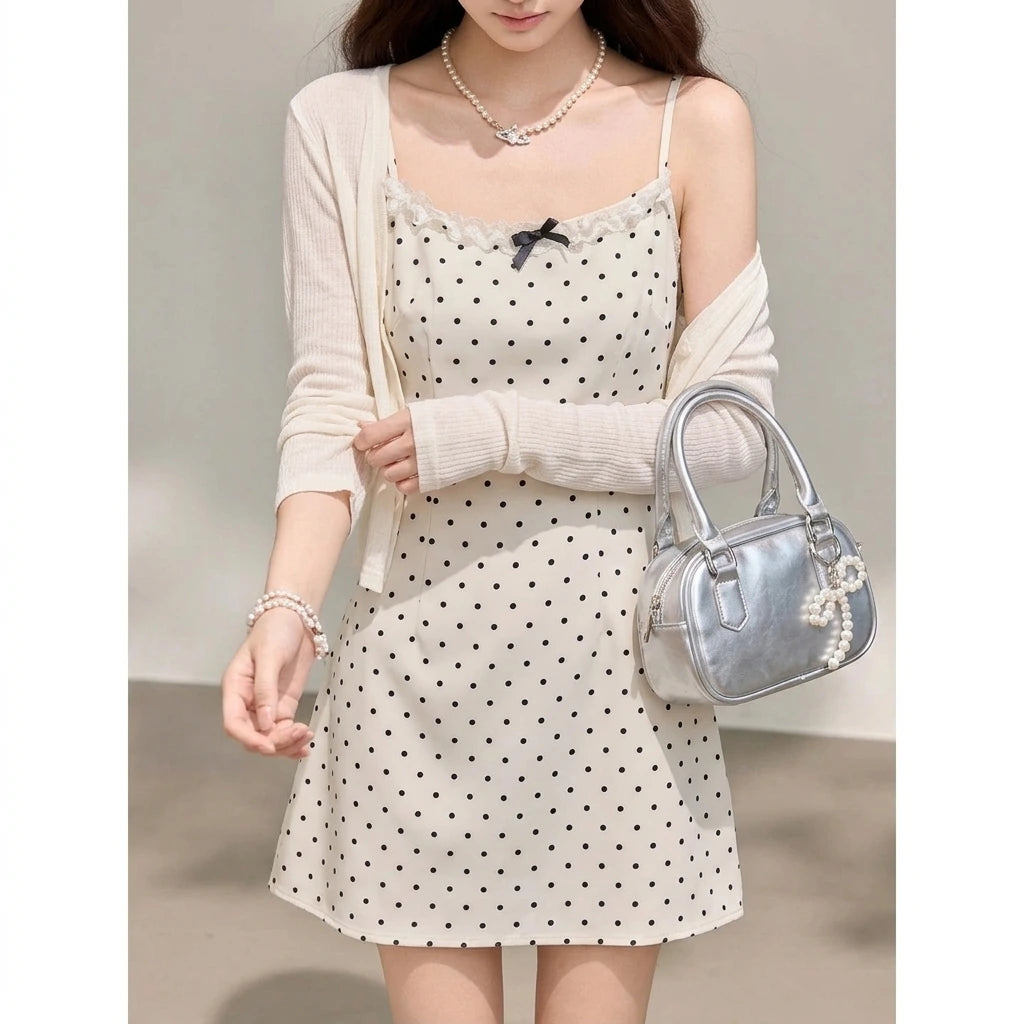 Apricot Polka Dot Short Strap Dress, Sleeveless Fitted Mini, Knitted Polyester, Effortless Summer — lifestyle