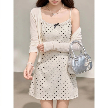 Apricot Polka Dot Short Strap Dress, Sleeveless Fitted Mini, Knitted Polyester, Effortless Summer — lifestyle